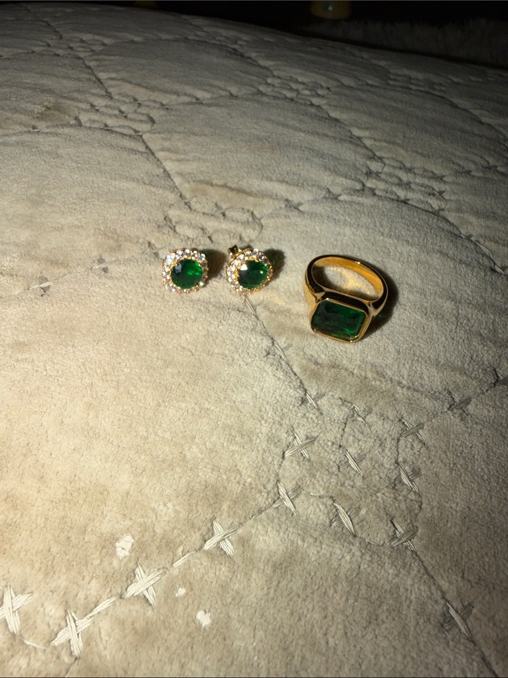 Gold-Tone Green Emerald Ring and Halo Stud Earrings Set
